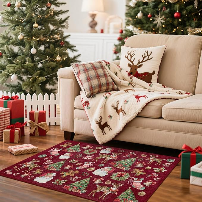 Kokia 2x3 Indoor Christmas Area Rugs for Entryway, Bedroom, Kitchen, Office, Machine Washable Small Door Mat with Santa, Christmas Tree, Bell, Reindeer and Holly, Santa Red