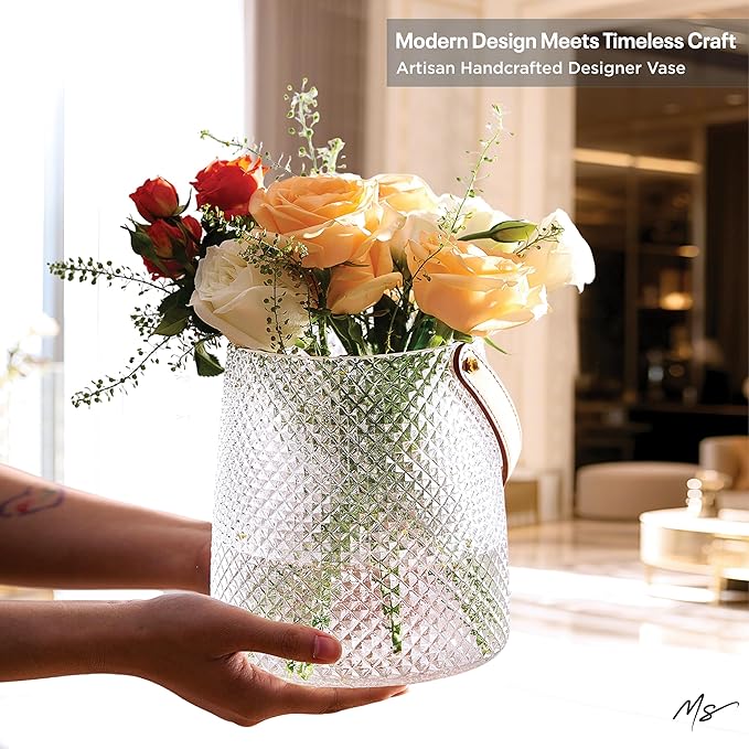Nordic Handcrafted Glass Flower Vase with Vegan Leather Handle – Diamond Pattern Design – Modern Decorative Centerpiece – Elegant Gift for Weddings, Housewarming, Anniversaries – Stylish Home Décor
