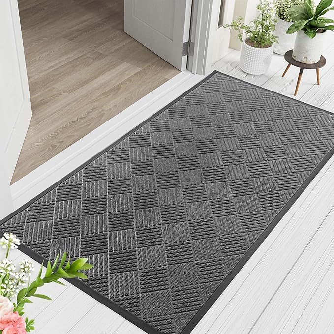 Indoor Outdoor Door Mat, 4’x 2' Doormat for Entryway, Rubber Backing Non Slip Front Door Mat Outside Entrance, Super Absorbent Commercial Floor Mat for Home Office, Gray