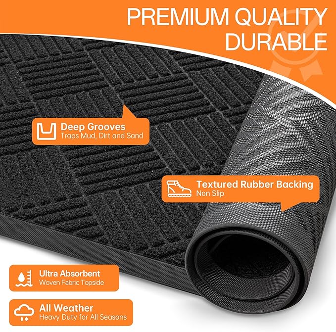 Indoor Outdoor Door Mat, 6’x 2' Doormat for Entryway, Rubber Backing Non Slip Front Door Mat Outside Entrance, Super Absorbent Commercial Floor Mat for Home Office, Black