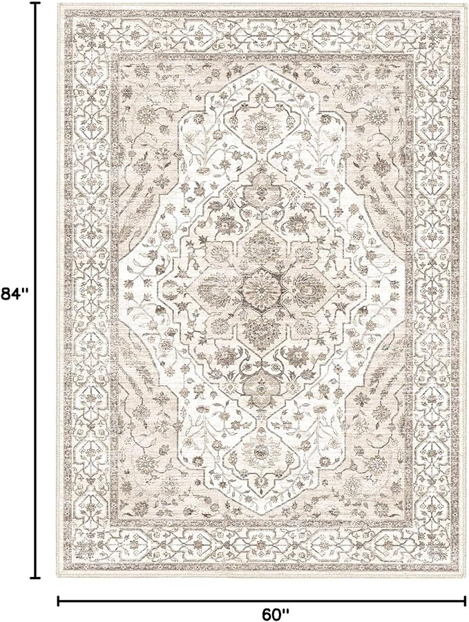 Fortsea 5'x7' Machine Washable Abstract Design Area Rug Machine Washable Area Rugs 5X7, Non Slip, Stain Resistant, Home Decor Living Room Area Rugs 5x7 (Beige Cream 5x7)…
