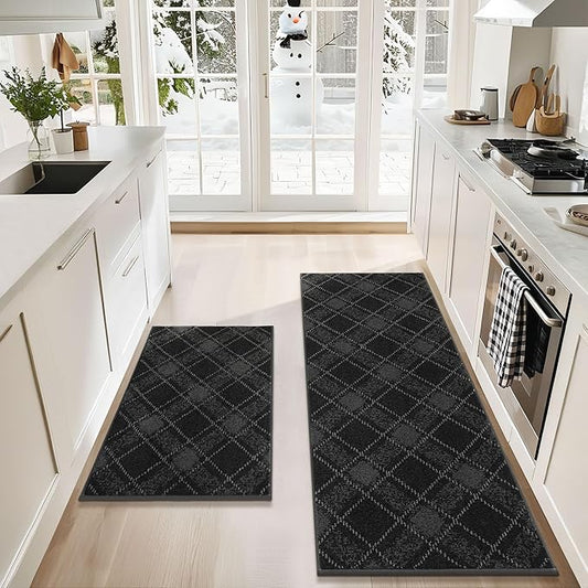 COSY HOMEER Kitchen Rugs and Mats Sets 2PCS Non-Slip Soft Kitchen Mats for Floor Absorbent and Stain Resistant Kitchen Floor Mat Washable Plaid Rugs for Kitchen,24"x36"+24"x60",Dark Grey