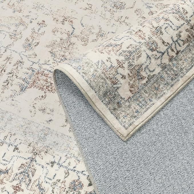 PureCozy Taupe Area Rug 5x8 Machine Washable Vintage Living Room Distressed Non Slip Carpet Traditional Indoor Bedroom Retro Floral Accent Throw Large Rug for Office Kitchen Bathroom Dining Room