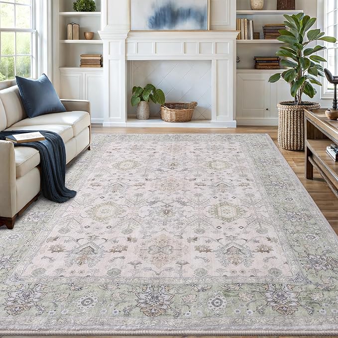 Vanmoos 5x7 Area Rugs for Living Room, Bedroom - Machine Washable, Non-Slip Bedside Rug, Large Soft Floor Carpet for Office, Dining Room, Farmhouse and Home Decor, Cozy Elegance/Green