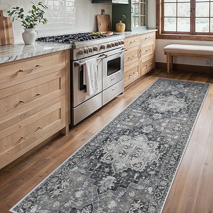 BESBLEE Runner Rug 2'6''x8, Machine Washable Runners, Non Slip Vintage Hallway Runner Rugs, Low Pile Lightweight Mat for Entryway, Hallway, Kitchen and Corridor, Dark Gray