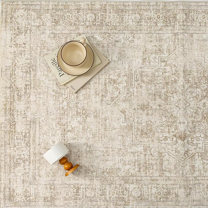 PureCozy 6x9 Area Rug Washable Living Room Bedroom Carpet Vintage Distressed Large Non Slip Low Pile Thin Cream Beige Dining Room Office Medallion Accent Throw Rug