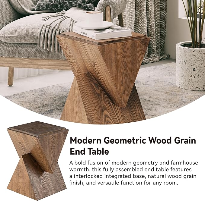 COZAYH Modern Geometric Wood Grain End Table with Structural Design, Farmhouse Side Table with Sculptural Pedestal Base for Living Room, Bedroom, Office, Fully Assembled (Natural)