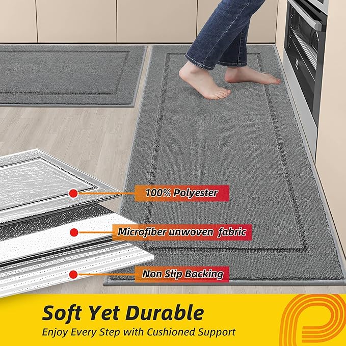 JSEI Non-Slip Kitchen Mats, Self Adhesive No Sliding Kitchen Rugs Set of 2, Washable Absorbent Floor Mat for Kitchen, Bathroom, Laundry Room, Bedroom, 24”x36”+24”x60”, Light Grey, Rectangular Pattern