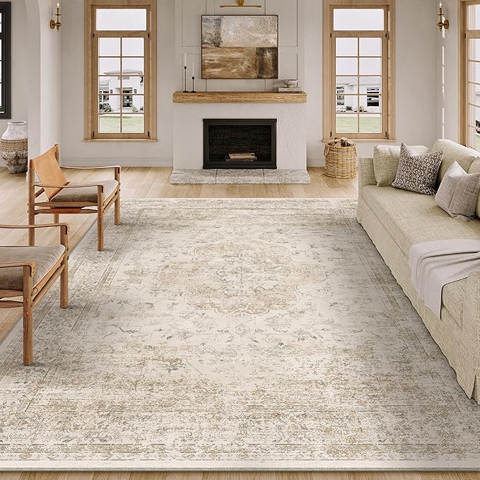 PureCozy 8x10 Washable Area Rug Beige Vintage Distressed Large Rug for Living Room Oriental Soft Thin Indoor Retro Carpet Non Slip Low Pile Floor Cover for Bedroom Dining Room Office Nursery