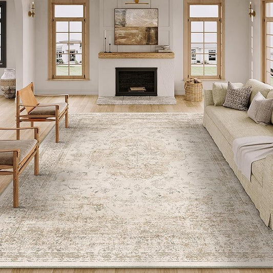 PureCozy 8x10 Washable Area Rug Beige Vintage Distressed Large Rug for Living Room Oriental Soft Thin Indoor Retro Carpet Non Slip Low Pile Floor Cover for Bedroom Dining Room Office Nursery