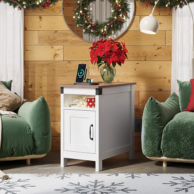 WLIVE End Table with Charging Station, Narrow Side Table for Living Room, Farmhouse Night Stand with Storage, Small Wooden Cabinet with USB Ports and Outlets for Living Room and Bedroom, White