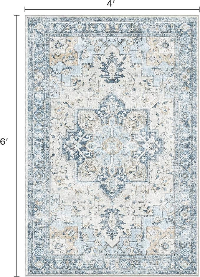 BESBLEE 4x6 Area Rugs for Living Room, Machine Washable Rug, Non Slip Vintage Rugs, Low Pile Lightweight Print Rug for Bedroom, Dining Room, Home Office, Blue