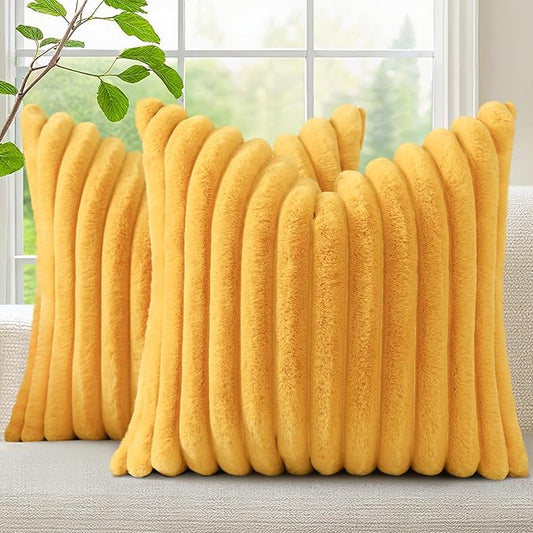 decorUhome Faux Fur Spring Throw Pillow Covers 16x16 Set of 2, Decorative Soft Plush Striped Neutral Couch Pillow Covers with Velvet Back for Sofa, Bed, Living Room Home, Mustard Yellow