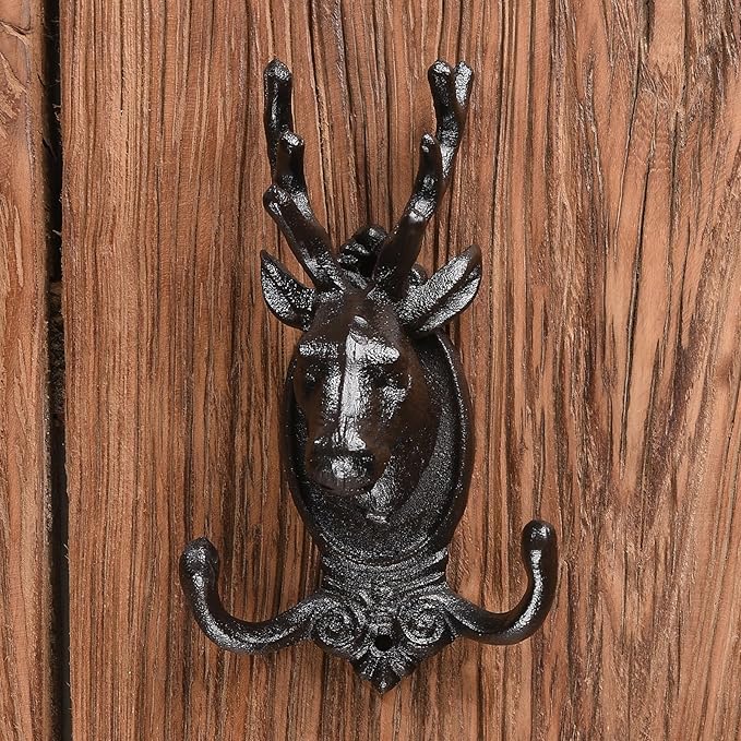 BRASSTAR Cast Iron Deer Head Decoration Double Hooks Wall Coat Hook Hanging for Coats, Bags Hats Towels Keys Rustic Retro Home Decorative Gift TQGJPT584