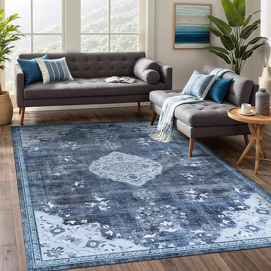 Beverly Rug Non Slip Rugs 6x9 Boho Medallion Floral Non Skid Rubber Backing Easy Silk Soft Area Rug for Living Room Easy to Clean Non Shedding Kitchen Bedroom Indoor Carpet (6 x 9 Blue - Gray)