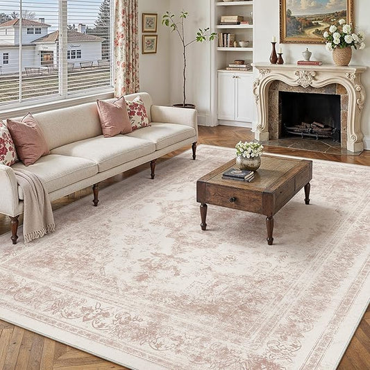 PureCozy Washable Rug 8x10 Area Rug for Living Room Pink Vintage Boho Medallion Large Distressed Retro Carpet Non Slip Indoor Low Pile Small Soft Bedroom Dining Room Home Office