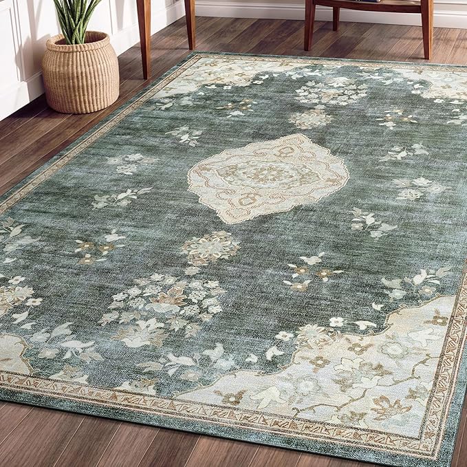Beverly Rug Non Slip Rugs 4x6 Boho Medallion Floral Non Skid Rubber Backing Easy Silk Soft Area Rug for Living Room Easy to Clean Non Shedding Kitchen Bedroom Indoor Carpet (4 x 6 Green - Cream)