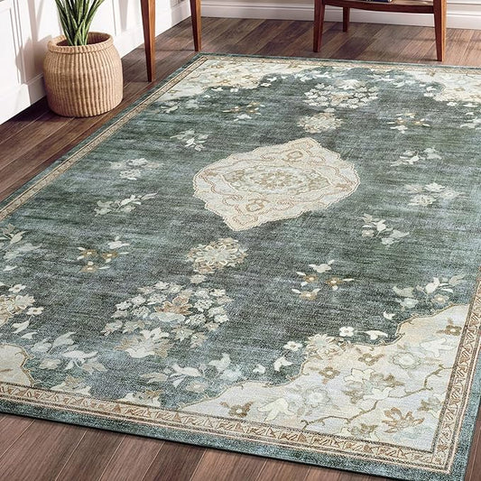 Beverly Rug Non Slip Rugs 4x6 Boho Medallion Floral Non Skid Rubber Backing Easy Silk Soft Area Rug for Living Room Easy to Clean Non Shedding Kitchen Bedroom Indoor Carpet (4 x 6 Green - Cream)