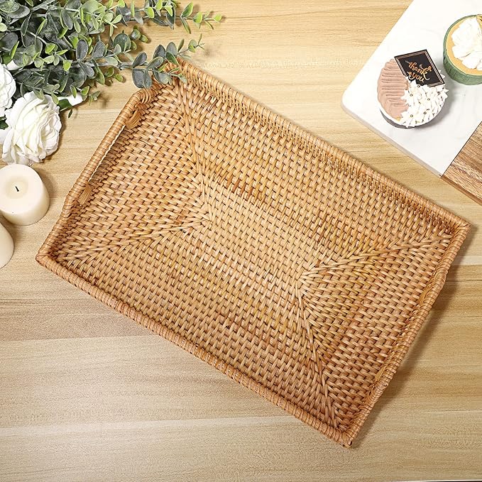 Hipiwe Rattan Serving Tray with Handles - Hand-Woven Decorative Tray for Storage Breakfast, Drinks, Snack,Rectangular Basket Organizer Tray for Coffee Table, Home Decor (Medium)