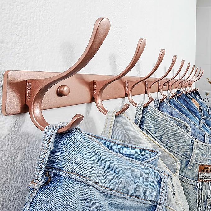 SKOLOO Wall Mounted Coat Rack - 10 Hooks, Pack of 2, Heavy Duty, Stainless Steel, Metal Wall Hanger, Sturdy Coat Hooks for Hanging Coats, Jackets, Clothes, Hats - Matte Rose Gold