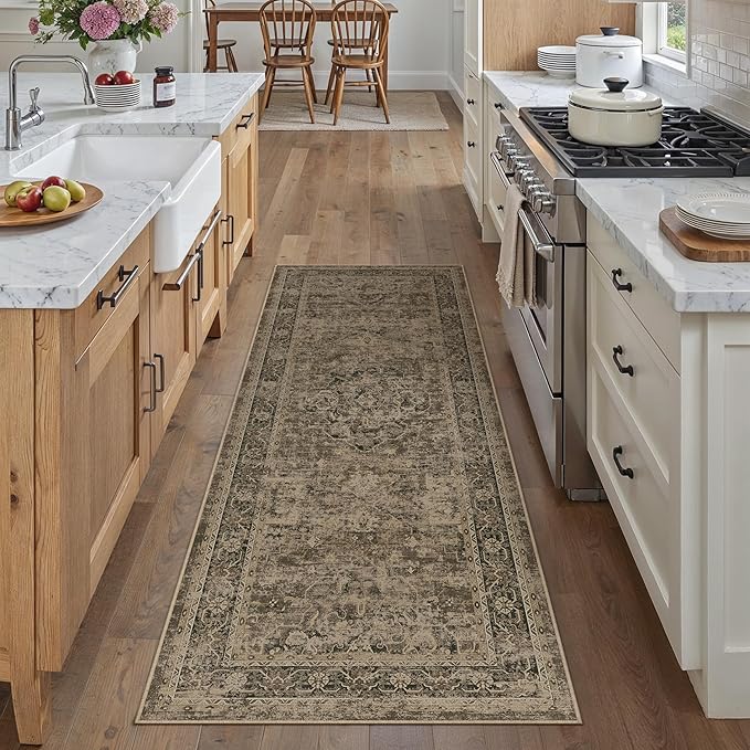 PureCozy Hallway Runner Rug 2x5 Washable Brown Vintage Distressed Runner Oriental Soft Thin Indoor Carpet Non Slip Low Pile Throw Rug for Kitchen Bedroom Laundry Bedside Entryway