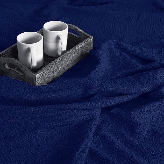 BOUTIQUO 100% Cotton Bed Blanket, Breathable Thermal Blanket Full -Queen Size,Soft Honeycomb Waffle Blanket 90*90inch,Cotton Bed Blanket,Perfect for Layering Any Bed for All Season,Navy Blue 70475