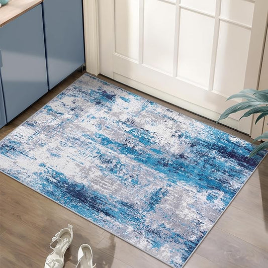 Ciicool Modern Abstract Area Rug 2x3 Washable Small Entryway Rugs, Non-Slip Low Pile Throw Rug, Foldable Kitchen Bathroom Rugs, Grey Blue Floor Carpet for Entrance Bedroom Indoor Doormat