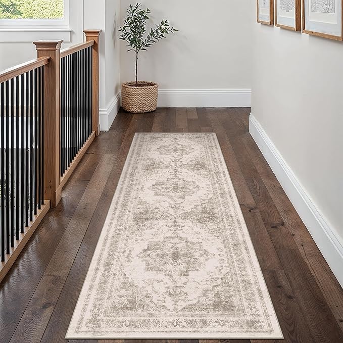 PureCozy Runner Rug 2x7 Beige Hallway Washable Carpet Non Slip Vintage Medallion Carpet Low Pile Soft Distressed Retro Indoor Long Rug for Entryway Kitchen Bathroom Laundry Bedroom