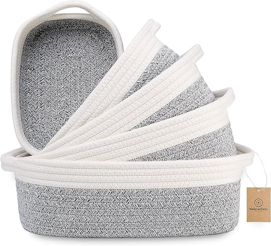 NaturalCozy 5-Piece Rectangle Storage Basket Set- Natural Cotton Rope Woven Baskets for Organizing! Small Basket for Montessori, Baby Nursery, Dog Toy Baskets, Cat Toy Box, Bathroom Organization Bin