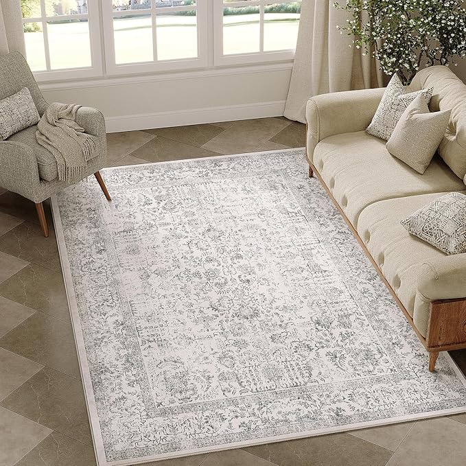 PureCozy Gray Area Rug 3x4 Office Entryway Rug Machine Washable Kitchen Vintage Distressed Non Slip Carpet Indoor Grey Retro Floral Accent Throw Door Mat for Bathroom Bedroom Dining Living Room