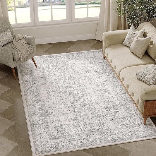 PureCozy Gray Area Rug 4x6 Office Entryway Rug Machine Washable Kitchen Vintage Distressed Non Slip Carpet Indoor Grey Retro Floral Accent Throw Door Mat for Bathroom Bedroom Dining Living Room