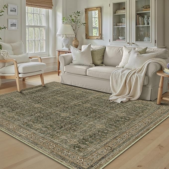 PureCozy Area Rug 5x7 Green Brown Washable Vintage Living Room Carpetb Traditional Distressed Bedroom Indoor Soft Non Slip Large Rug Retro Thin Low Pile Floor Cover for Office Dining Room