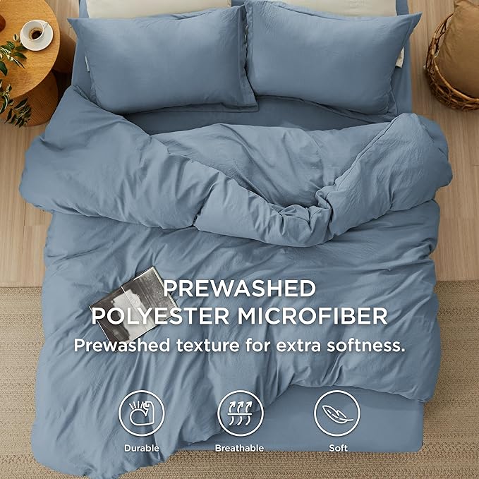 Bedsure Duvet Cover King Size with Fitted Sheet - 4 Pieces Prewashed Cotton-Like Extra Soft Bedding Set, Includes 1 Duvet Cover 104x90 Inches, 2 Pillow Shams, 1 Fitted Sheet, Mineral Blue
