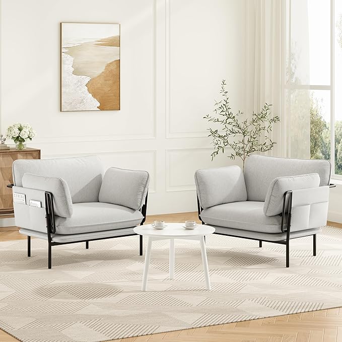 AYEASY Modern Accent Chair for Living Room, Oversized Reading Chair with Solid Metal Legs, Upholstered Fabric Armchair with Side Pockets and 2 Pillows, Comfy Accent Chairs for Bedroom, Nursery, White