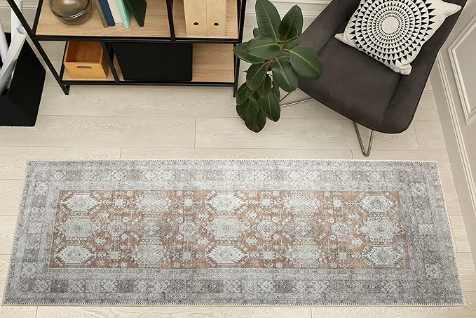 RugOver Machine Washable Area Rug, Pet-Friendly and Non-Slip Indoor Carpet for Kitchen, Bathroom, Living Room, Home Floor Decoration(Ivory/Walnut, 2'6" x 6'6")