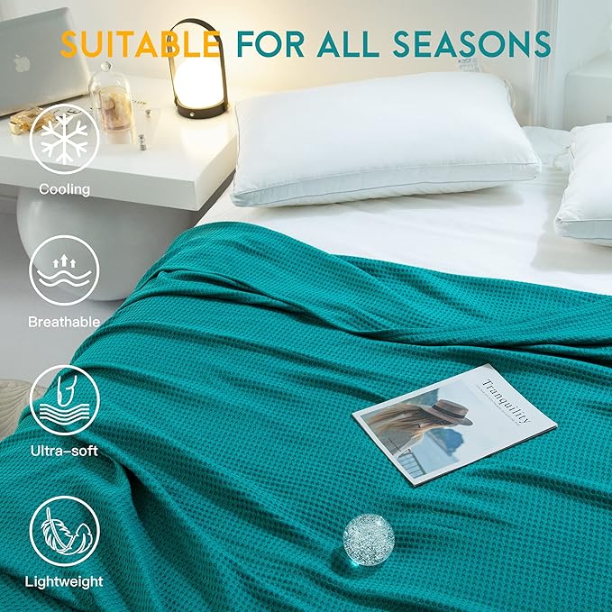 AmyHomie Cooling Blanket King Size, 100% Rayon Derived from Bamboo, Cool Summer Blanket for Hot Sleepers Soft Comfy Waffle Lightweight Blankets for All Seasons(Teal, 108×90in)