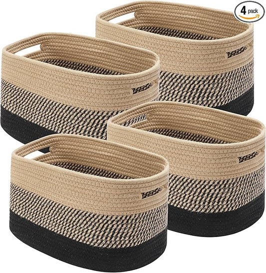 4 Pack Woven Storage Baskets for Organizing - Cotton Rope Baskets for Closet, Toys, Books, Towels, Durable Storage Bins for Shelves, Living Room, Bedroom, 12.7''Lx9''Wx7.8''H (Brown, 12.7")
