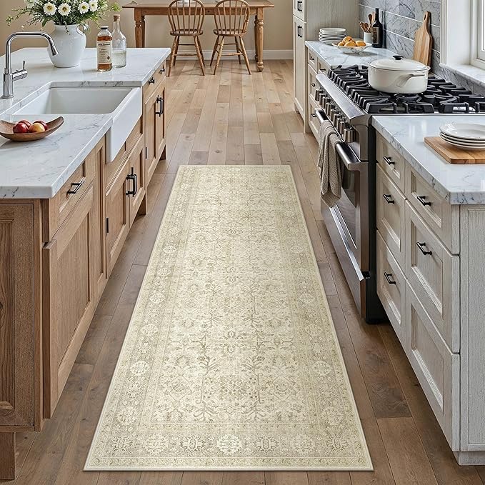 PureCozy Beige Runner Rug 2x6 Vintage Area Carpet Hallway Long Indoor Kitchen Washable Living Room Low Pile Traditional Distressed Retro Accent Throw Rug Non Slip Laundry Bathroom Office