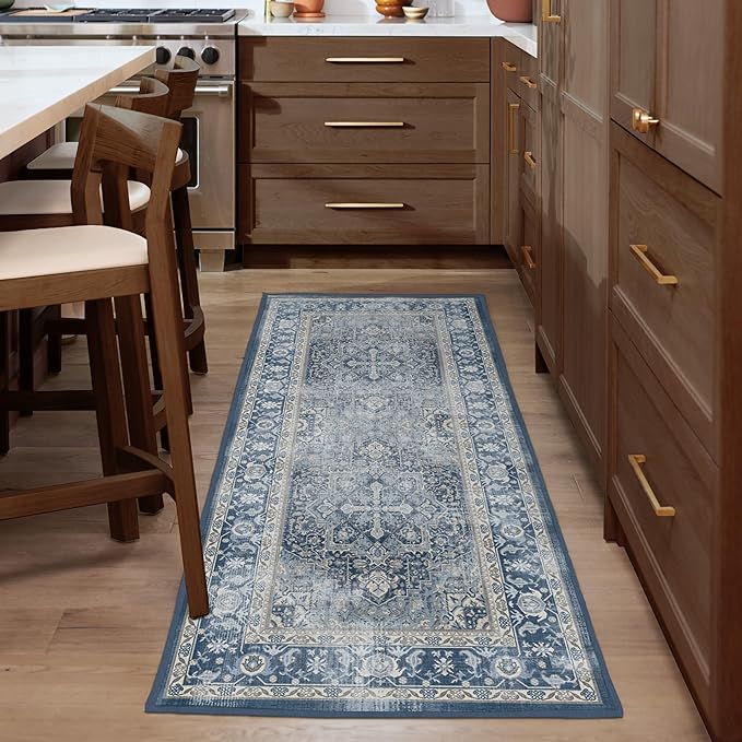 RUGGABLE Washable Area Rug – Kamran Admiral Blue 2x3, Stain-Resistant, Non-Slip – Small Machine Washable Rugs for Living Room, Bedroom, Hallway, Entryway & Bathroom–with Standard Pad