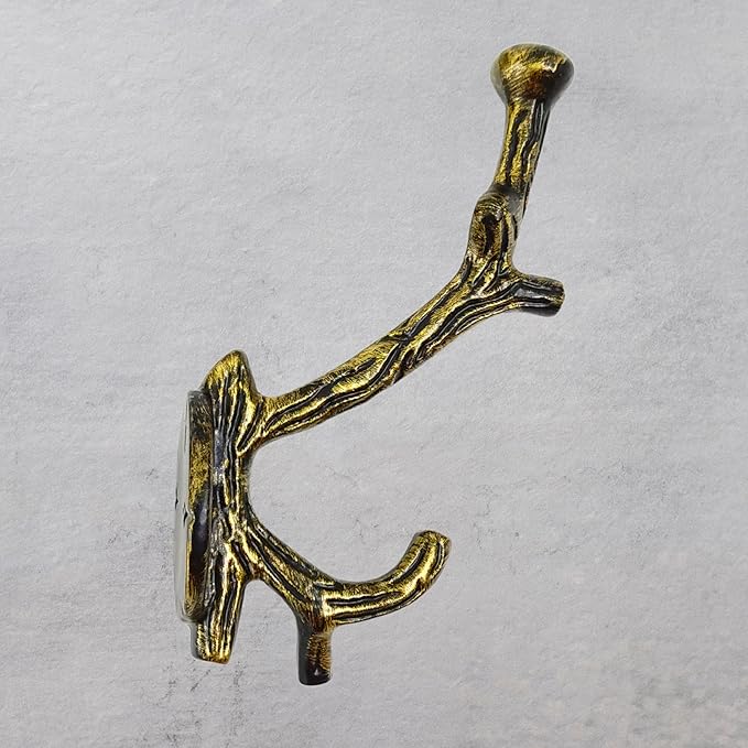 Set of 3 Cast Iron Tree Branch Shape Coat Hooks Wall Art Decor-Branch Shape Hangers and Key Holder-Clothes Rack and Backpack Hanger-Coat Hooks Home Decor for Storage,Living (Brass Antique)