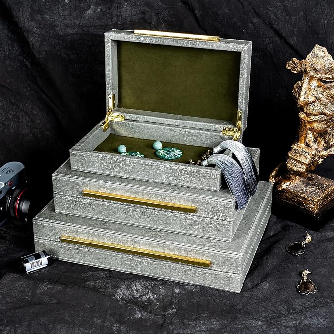 XINSTAR Faux Dark Grey Shagreen Leather Decorative Boxes,Decorative Storage Boxes With Lids 3 Pcs Set,Storage Boxes Jewelry Organizer,Women'S Accessory Organizer Men'S Jewelry Organizer