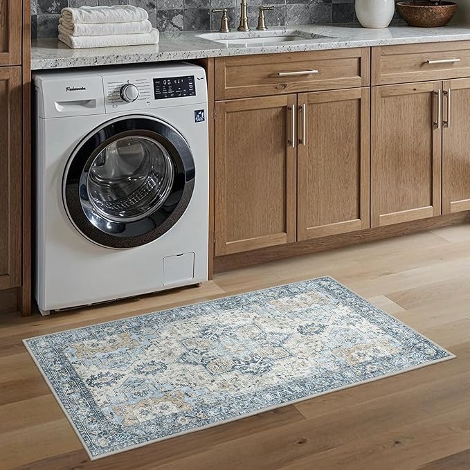 BESBLEE Runner Rug 2'6''x4, Non Slip Vintage Machine Washable Runner Rug, Low Pile Lighrweight Rugs for Entryway, Hallway, Kitchen and Corridor, Blue