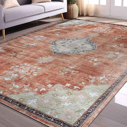 Beverly Rug Non Slip Rugs 8x10 Boho Medallion Floral Non Skid Rubber Backing Easy Silk Soft Area Rug for Living Room Easy to Clean Non Shedding Kitchen Bedroom Indoor Carpet (8 x 10 Orange - Cream)