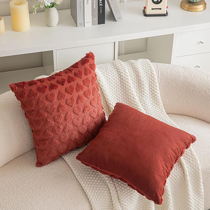 AQOTHES Set of 2 Heart Love Cute Wine Red Decorative Valentines Throw Pillow Covers 20x20, Soft Plush Faux Fur Pillow Covers for Couch Sofa Home Valentines Day Decoration