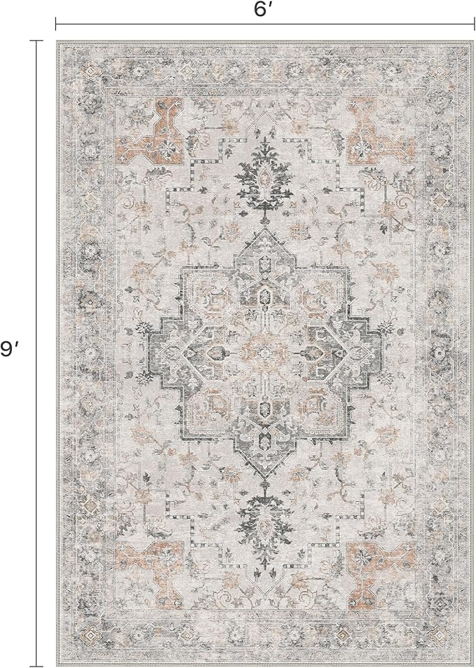 BESBLEE 6x9 Area Rugs for Living Room, Machine Washable Low Pile Rugs, Non Alip Vintage Rug for Bedroom, Dining Room, Home Office, Light Taupe Brown