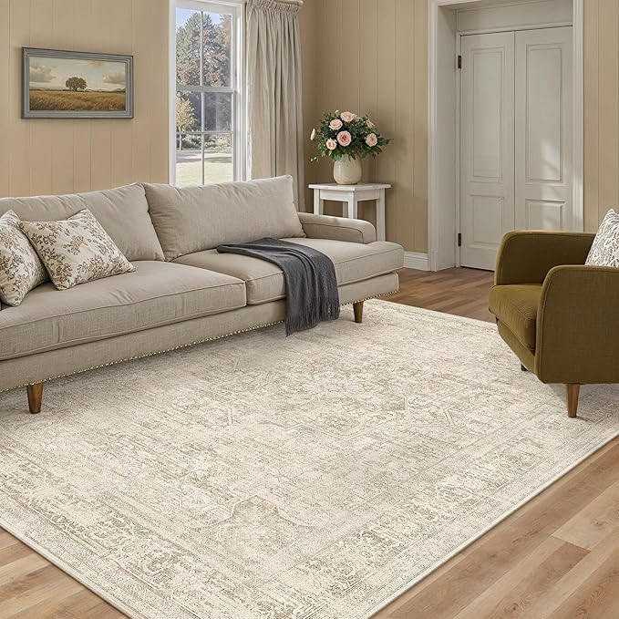 PureCozy 5x7 Area Rug Washable Living Room Bedroom Carpet Vintage Distressed Non Slip Low Pile Thin Cream Beige Dining Room Office Medallion Accent Throw Rug