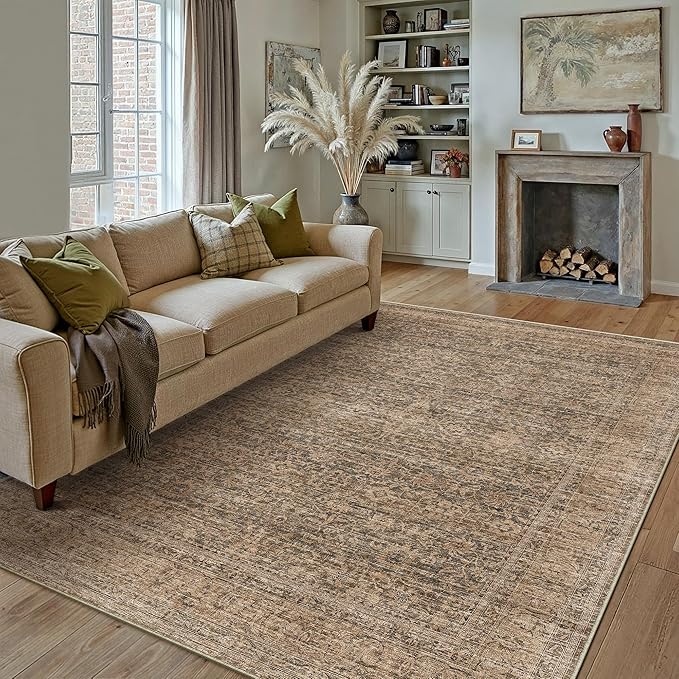 PureCozy 6x9 Area Rug Brown Machine Washable Living Room Bedroom Vintage Distressed Non Slip Carpet Indoor Large Low Plie Thin Dining Room Office Retro Accent Throw Rug