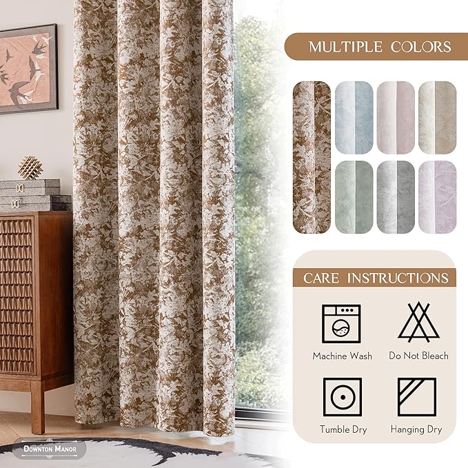 Beauoop Brown Floral Jacquard Blackout Curtains 84 Inches Long 2 Panels for Bedroom Living Room Chenille Flower Room Darkening Thermal Insulated Soundproof Grommet Window Treatments Drapes, 52x84
