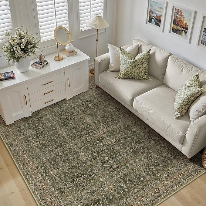PureCozy Area Rug 5x7 Green Brown Washable Vintage Living Room Carpetb Traditional Distressed Bedroom Indoor Soft Non Slip Large Rug Retro Thin Low Pile Floor Cover for Office Dining Room
