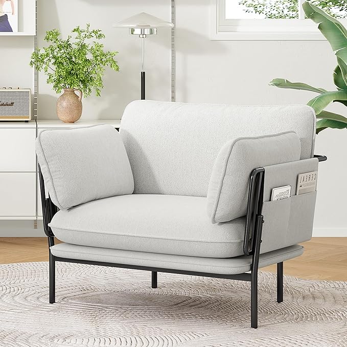 AYEASY Modern Accent Chair for Living Room, Oversized Reading Chair with Solid Metal Legs, Upholstered Fabric Armchair with Side Pockets and 2 Pillows, Comfy Accent Chairs for Bedroom, Nursery, White